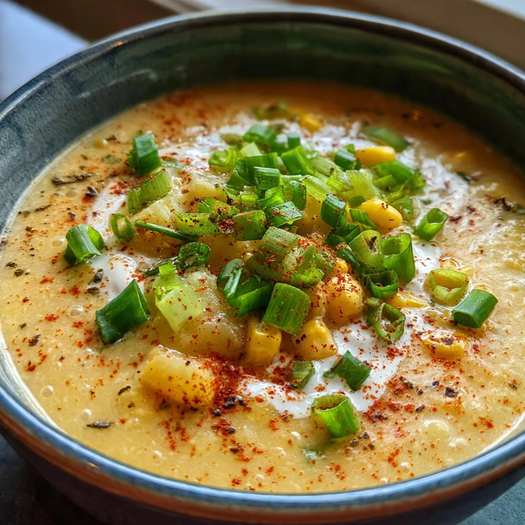 Creamy corn chowder in a rustic bowl topped with crispy bacon bits, melted cheddar, and fresh chives