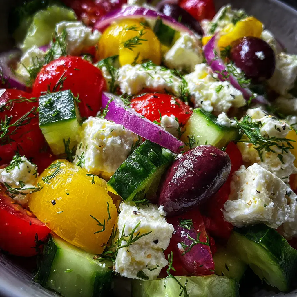 A vibrant bowl of Greek Cottage Cheese Salad with creamy white cheese, red tomatoes, green cucumber, and black olives