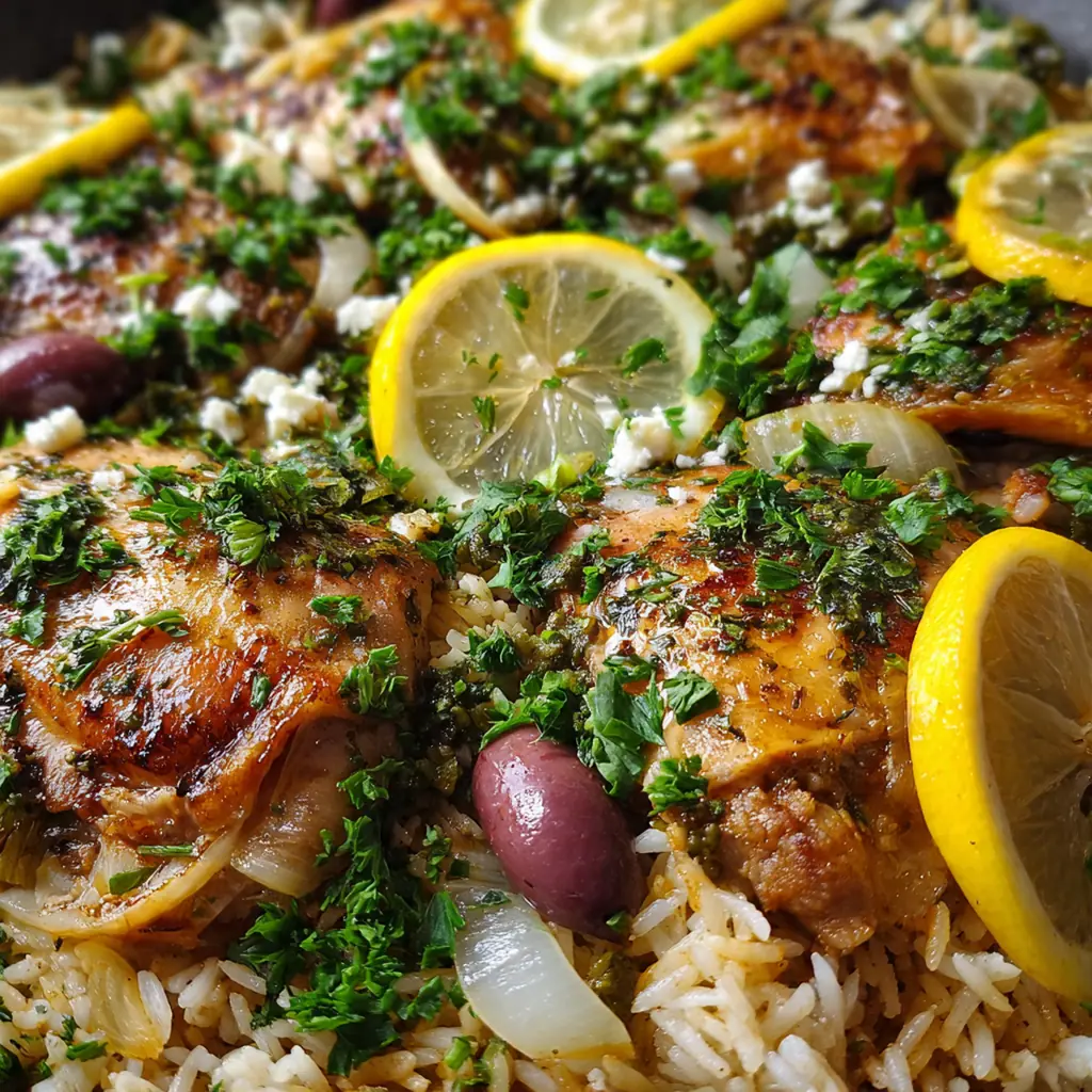 Tender golden-brown chicken thighs resting on a bed of fluffy lemon rice with fresh parsley.