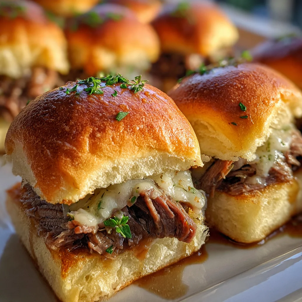 French Dip Sliders with au jus in a white baking dish showing golden brown tops and melted provolone cheese