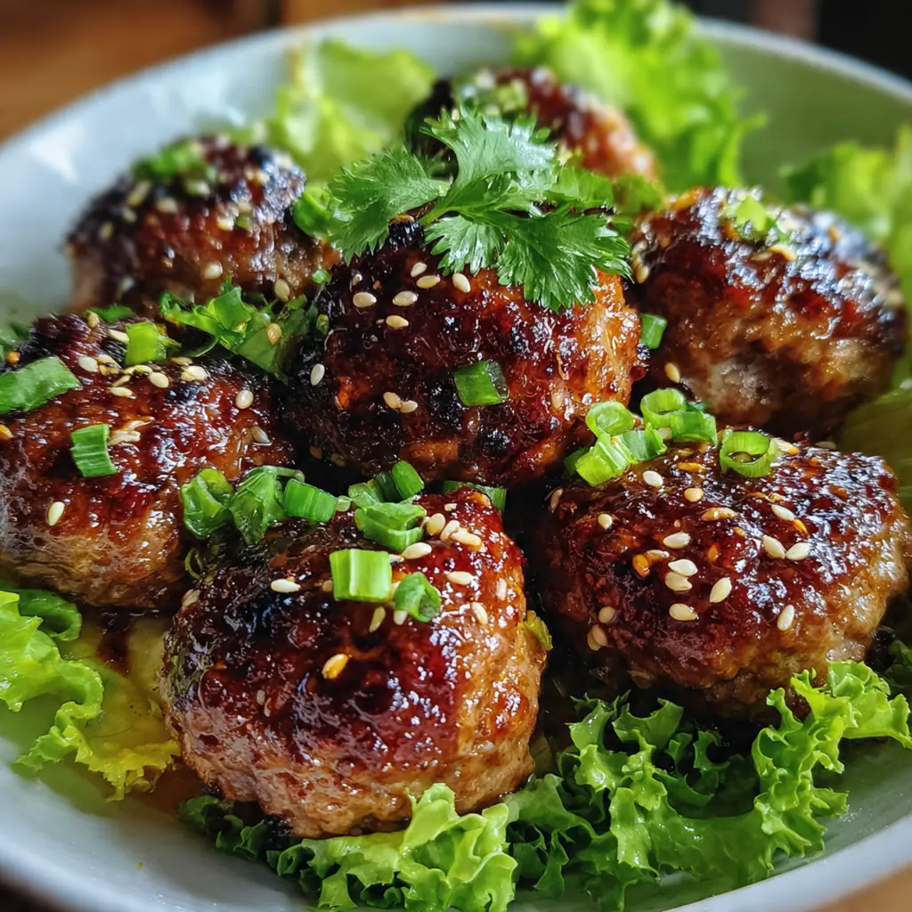Sticky glazed Korean BBQ meatballs garnished with sesame seeds and green onions on a dark plate