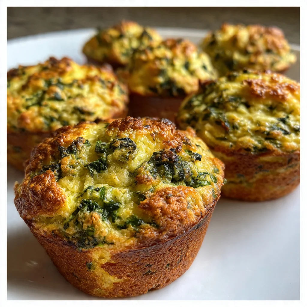 Freshly baked green spinach muffins with golden tops arranged on a cooling rack