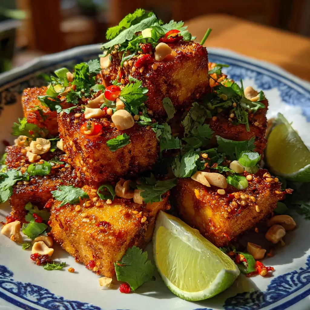 Crispy golden tofu cubes tossed in a glossy red chili crunch sauce with green onions and sesame seeds