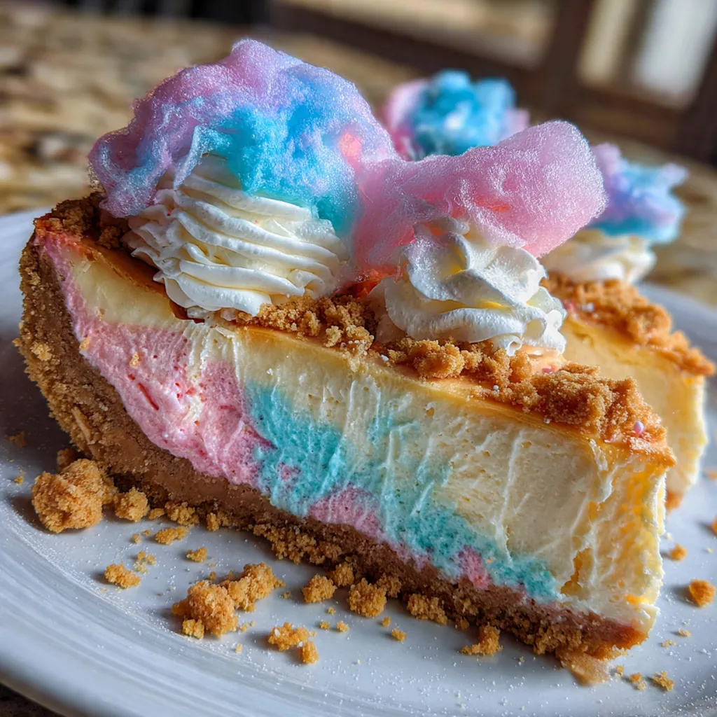 A thick slice of pink cotton candy cheesecake on a white plate with a fluffy pink topper.
