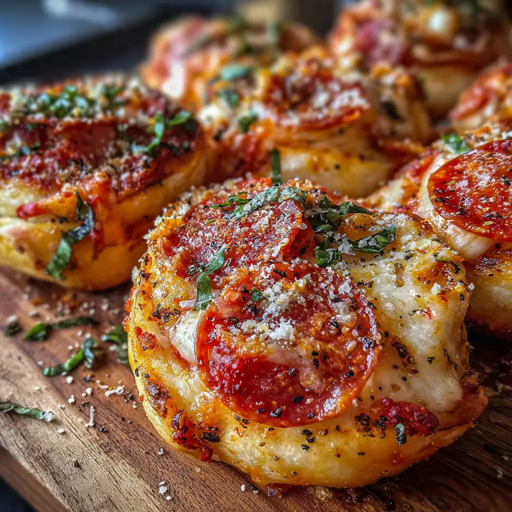Crispy golden pizza roll poppers topped with melted mozzarella and mini pepperoni on a white plate