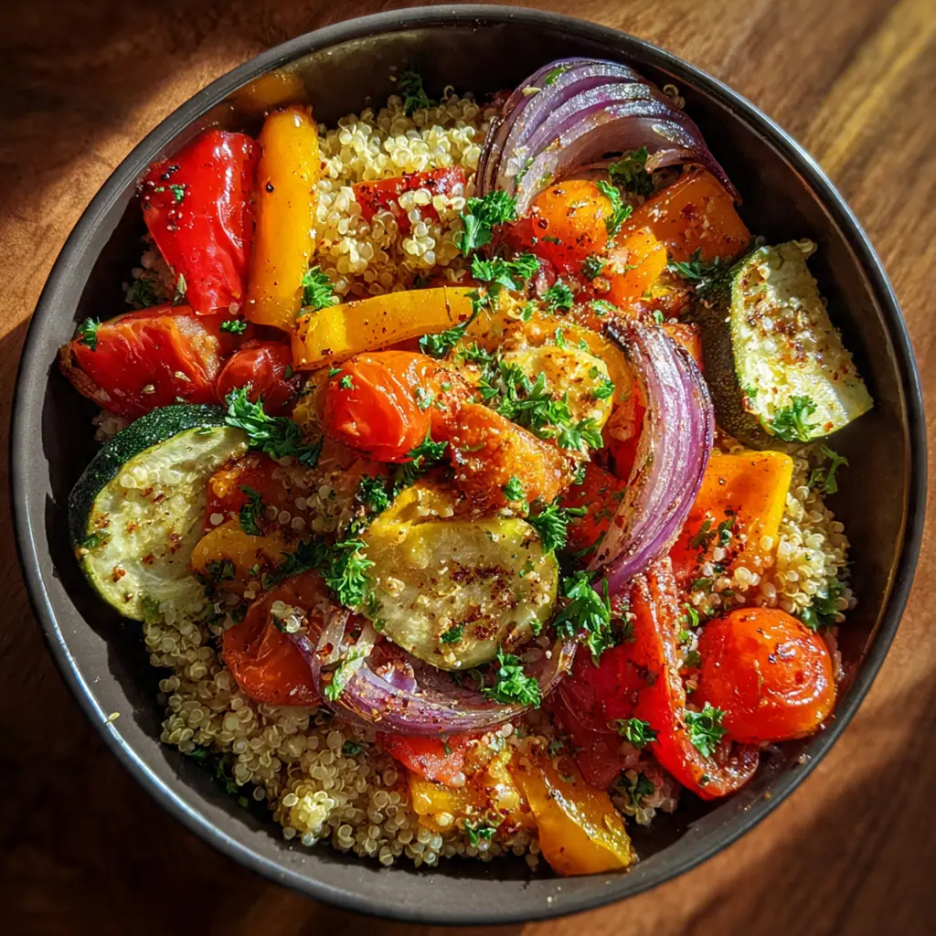 Roasted vegetable quinoa bowl with colorful peppers, zucchini, and crispy chickpeas in a white bowl